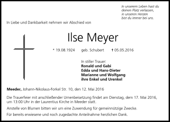 Traueranzeige von Ilse Meyer von Neue Presse Coburg