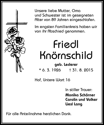 Traueranzeige von Friedl Knörnschild von Frankenpost