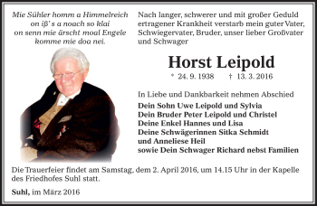 Traueranzeige von Horst Leipold von Südthüringer Presse