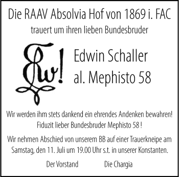 Traueranzeige von Edwin Schaller von Frankenpost
