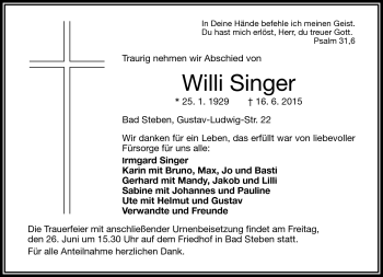 Traueranzeige von Willi Singer von Frankenpost