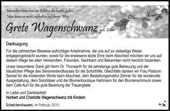Traueranzeige von Grete Wagenschwanz von Südthüringer Presse