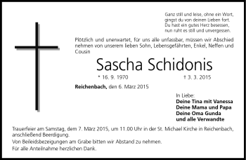 Traueranzeige von Sascha Schidonis von Neue Presse Coburg