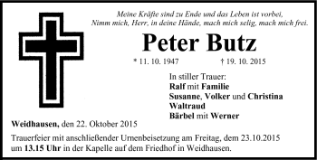 Traueranzeige von Peter Butz von Neue Presse Coburg