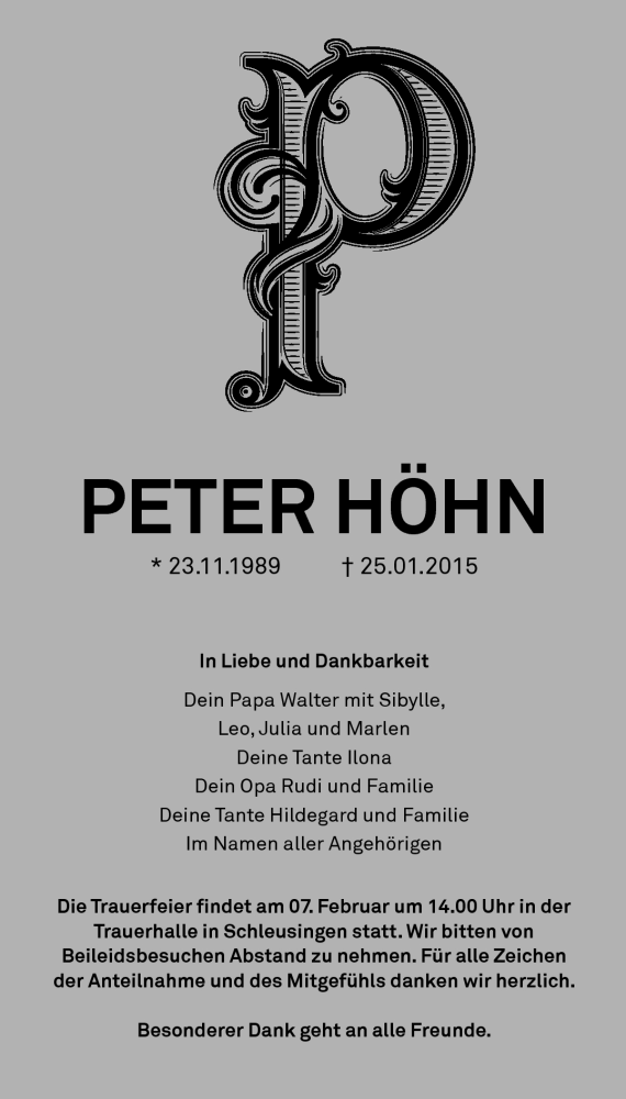  Traueranzeige für Peter Höhn vom 31.01.2015 aus Südthüringer Presse