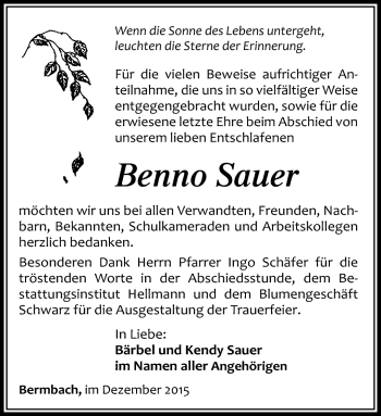 Traueranzeige von Benno Sauer von Südthüringer Presse