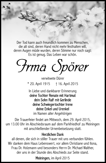 Traueranzeige von Irma Spörer von Südthüringer Presse