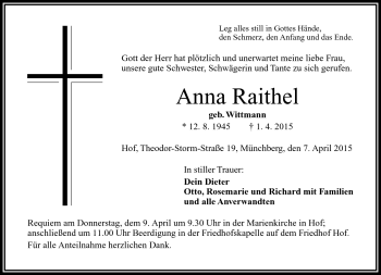 Traueranzeige von Anna Raithel von Frankenpost