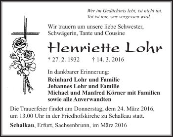 Traueranzeige von Henriette Lohr von Südthüringer Presse