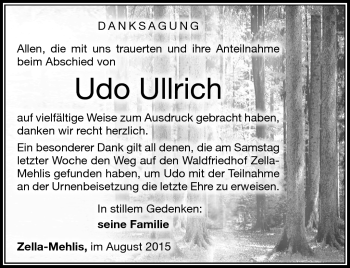 Traueranzeige von Udo Ullrich von Südthüringer Presse