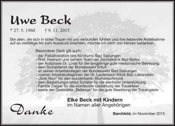 Traueranzeige von Uwe Beck von Südthüringer Presse