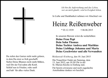 Traueranzeige von Heinz Reißenweber von Neue Presse Coburg