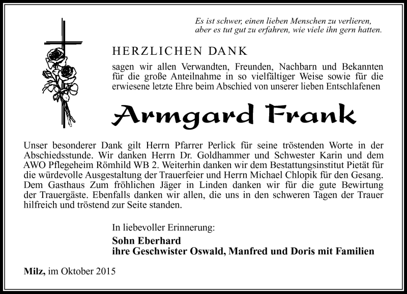  Traueranzeige für Armgard Frank vom 24.10.2015 aus Südthüringer Presse