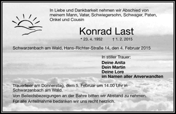 Traueranzeige von Konrad Last von Frankenpost