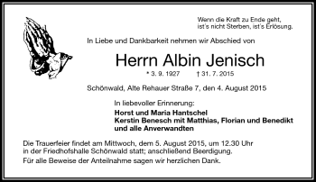 Traueranzeige von Albin Jenisch von Frankenpost