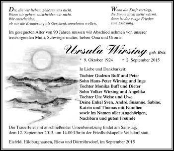 Traueranzeige von Ursula Wirsing von Südthüringer Presse