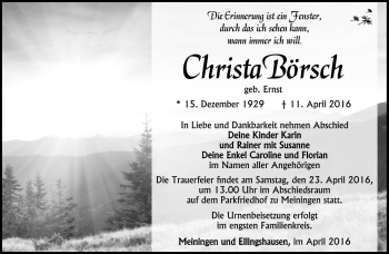 Traueranzeige von Christa Börsch von Südthüringer Presse