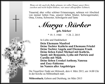 Traueranzeige von Marga Stärker von Südthüringer Presse