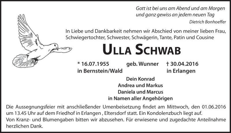  Traueranzeige für Ulla Schwab vom 28.05.2016 aus Frankenpost