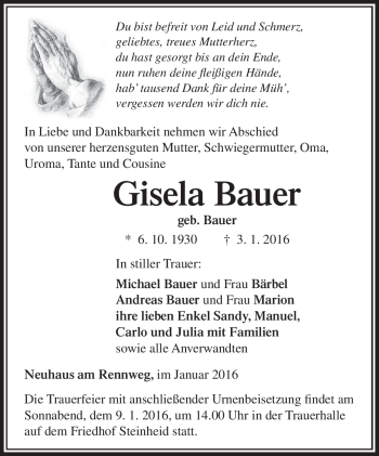 Traueranzeige von Gisela Bauer von Südthüringer Presse
