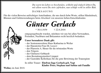 Traueranzeige von Günter Gerlach von Südthüringer Presse