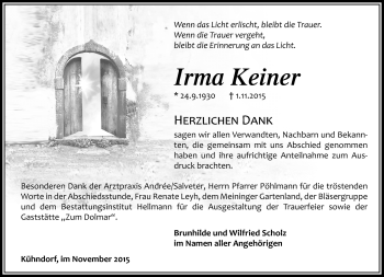 Traueranzeige von Irma Keiner von Südthüringer Presse