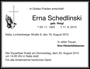 Traueranzeige von Erna Schedlinski von Frankenpost
