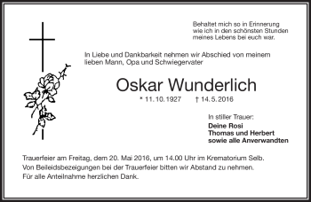 Traueranzeige von Oskar Wunderlich von Frankenpost