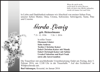 Traueranzeige von Gerda Löwig von Südthüringer Presse