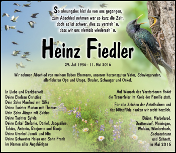 Traueranzeige von Heinz Fiedler von Südthüringer Presse