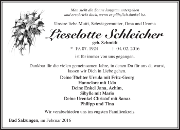 Traueranzeige von Lieselotte Schleicher von Südthüringer Presse