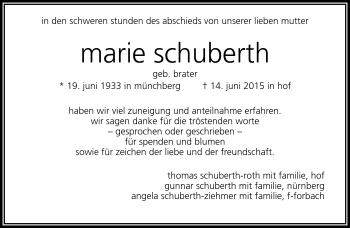 Traueranzeige von Marie Schuberth von Frankenpost