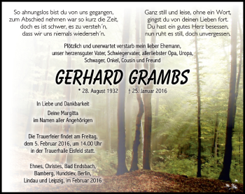 Traueranzeige von Gerhard Grambs von Südthüringer Presse
