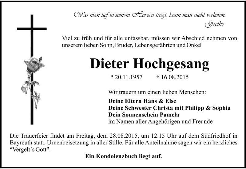  Traueranzeige für Dieter Hochgesang vom 22.08.2015 aus Frankenpost
