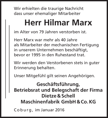 Traueranzeige von Hilmar Marx von Neue Presse Coburg