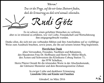 Traueranzeige von Rudi Götz von Südthüringer Presse