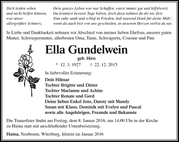 Traueranzeige von Ella Gundelwein von Südthüringer Presse