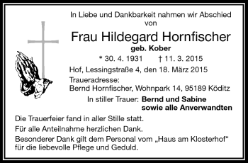 Traueranzeige von Hildegard Hornfischer von Frankenpost