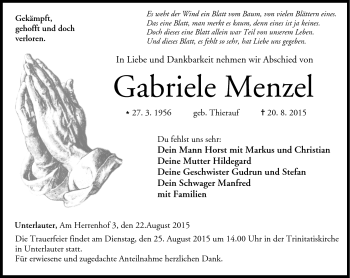 Traueranzeige von Gabriele Menzel von Neue Presse Coburg
