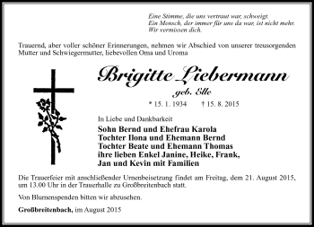 Traueranzeige von Brigitte Liebermann von Südthüringer Presse