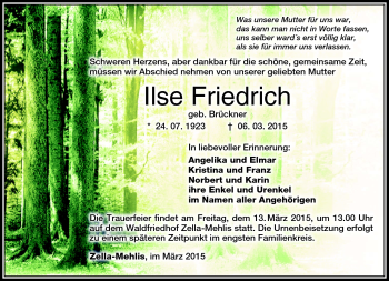 Traueranzeige von Ilse Friedrich von Südthüringer Presse