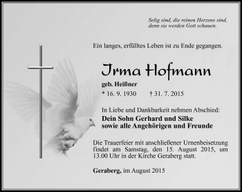 Traueranzeige von Irma Hofmann von Südthüringer Presse