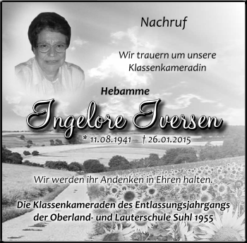 Traueranzeige von Ingelore Iversen von Südthüringer Presse