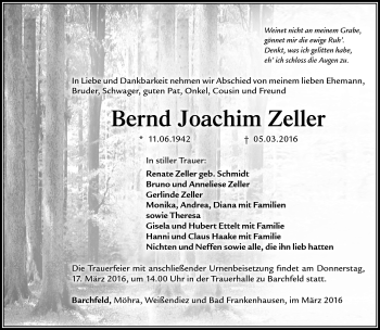 Traueranzeige von Bernd Joachim Zeller von Südthüringer Presse