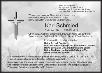 Traueranzeige von Karl Schmied von Frankenpost
