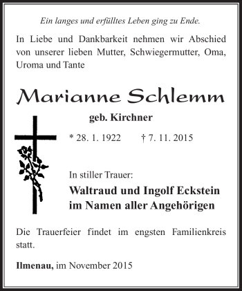 Traueranzeige von Marianne Schlemm von Südthüringer Presse