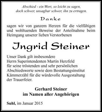 Traueranzeige von Ingrid Steiner von Südthüringer Presse