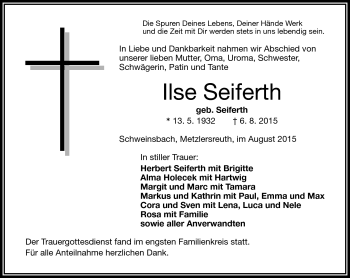 Traueranzeige von Ilse Seiferth von Frankenpost