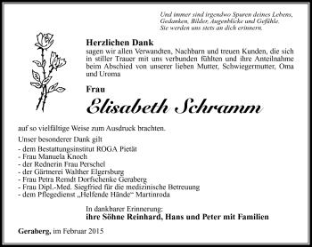 Traueranzeige von Elisabeth Schramm von Südthüringer Presse