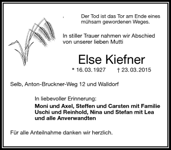 Traueranzeige von Else Kiefner von Frankenpost